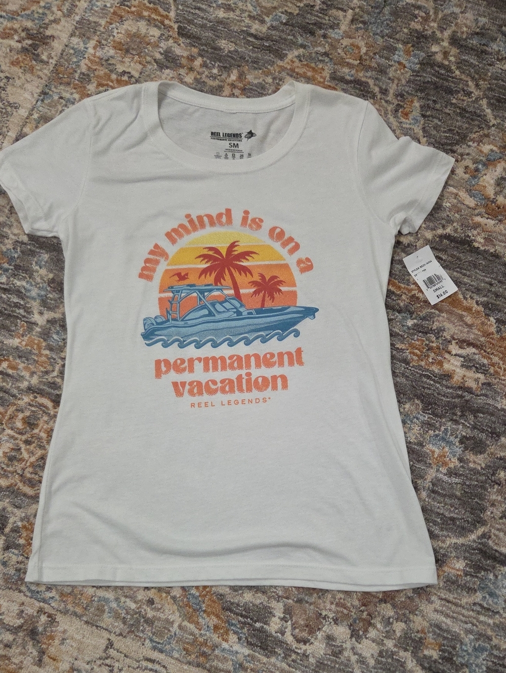 Reel Legends White 'Permanent Vacation' Graphic Swim Tee in Orange and Blue